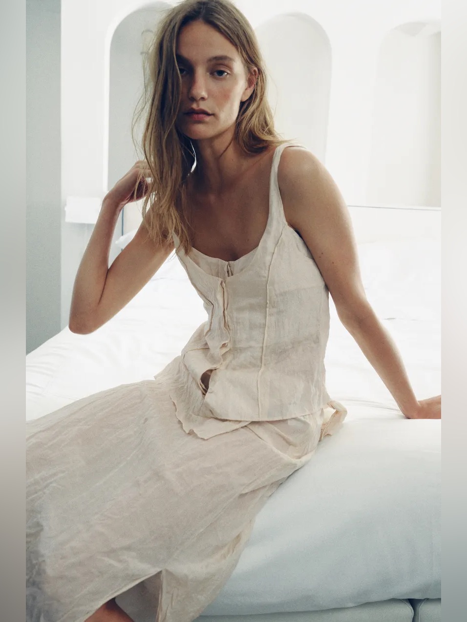 Zara Wrinkled Effect Button Up And Wrinkled Effect Midi Skirt